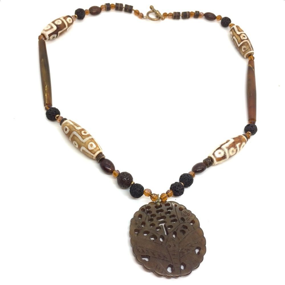 Vintage Elephant Necklace Gem Stone Ceramic Pendant Boho Asian Tribal Medallion